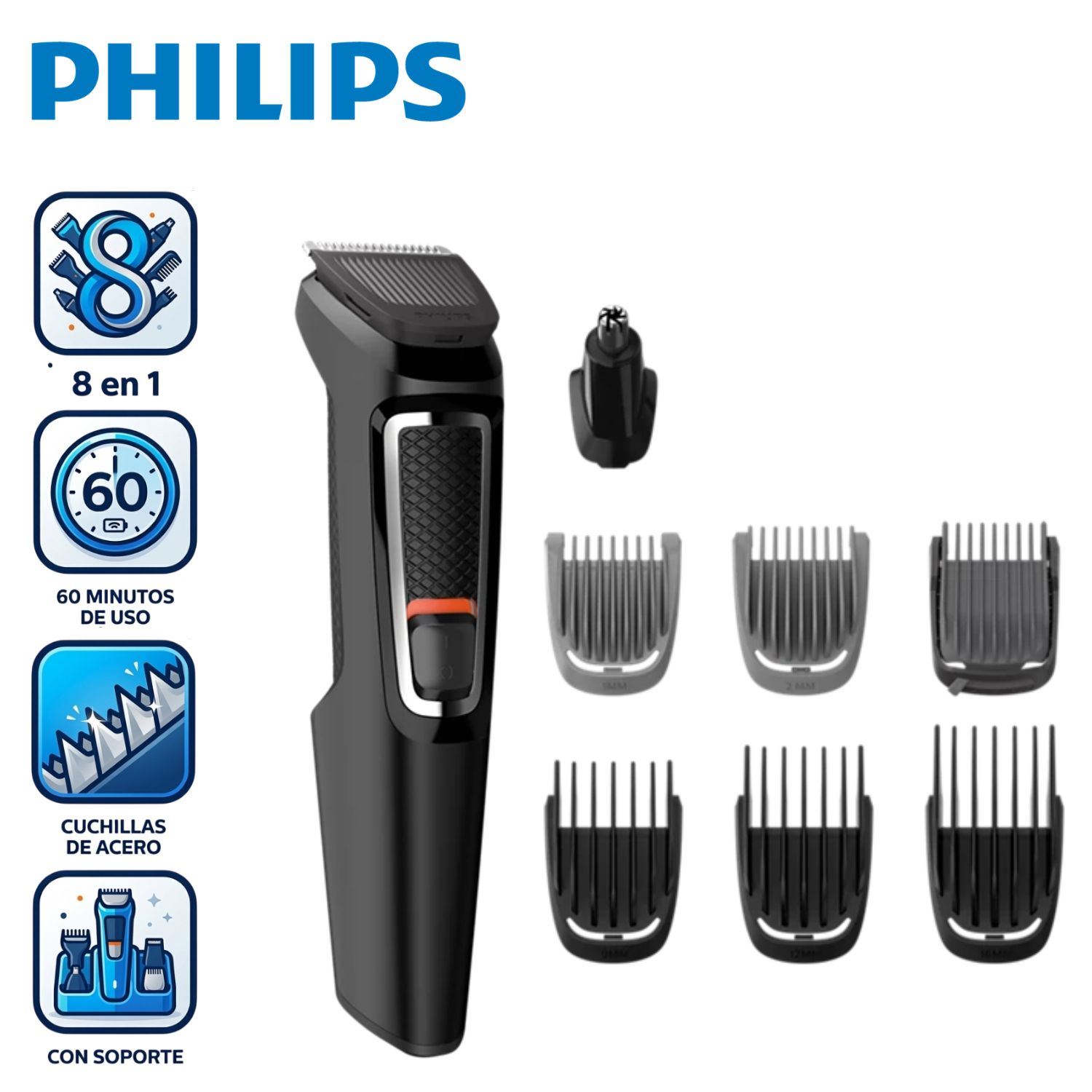 Cortador de Cabello y Barba Philips MG3731 con 8 herramientas y soporte